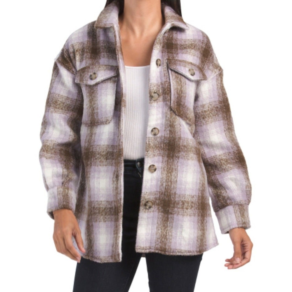 Bagatelle Plaid Shacket Women‎ XS Purple Brown Button Up Long Sleeve Oversized